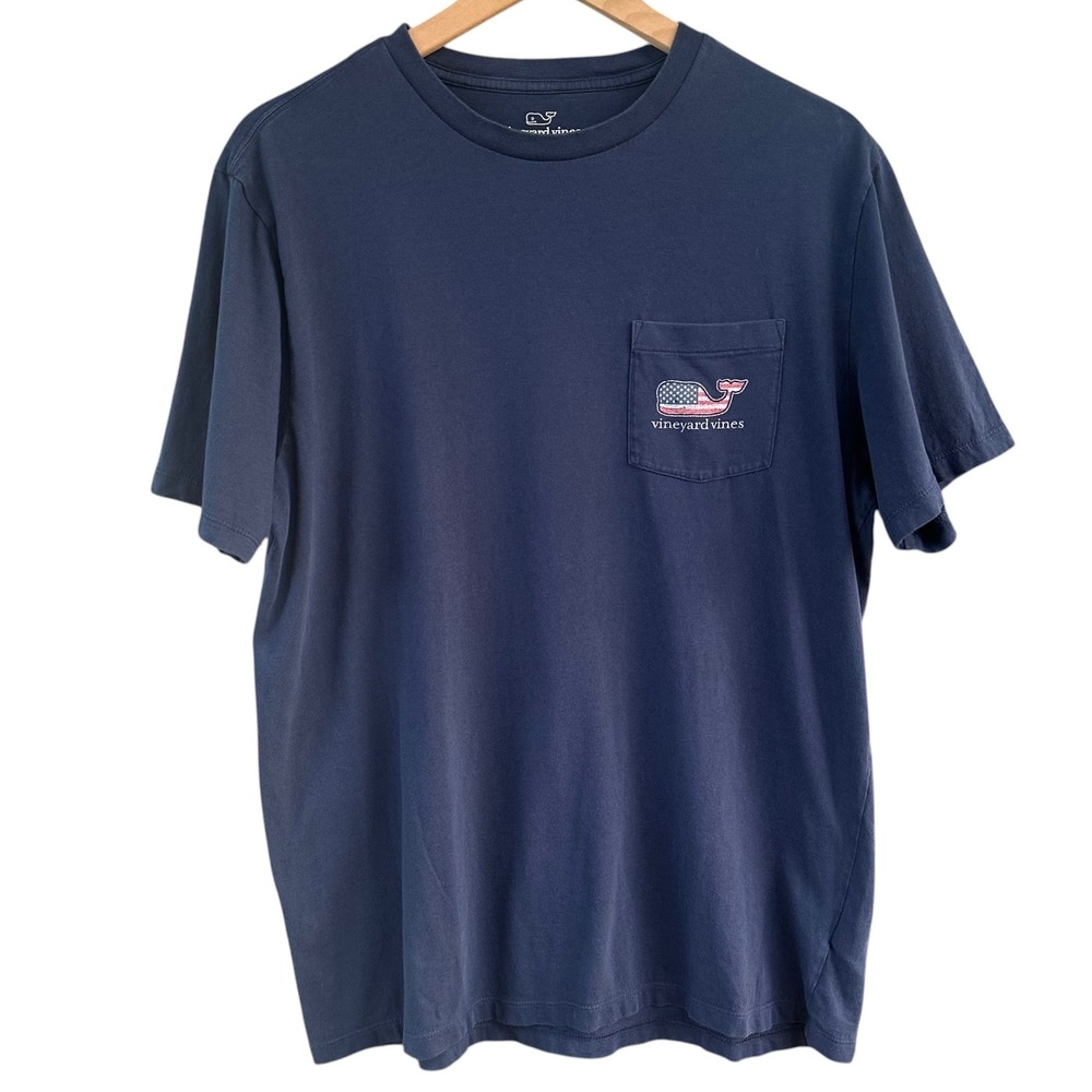 Vineyard Vines Mens Unisex Navy Blue American Flag Pocket T-Shirt USA Map Medium